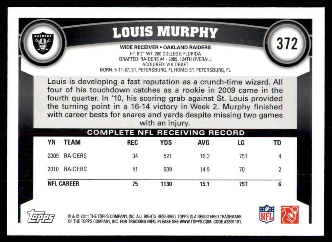 2011 Topps Louis Murphy Oakland Raiders #372