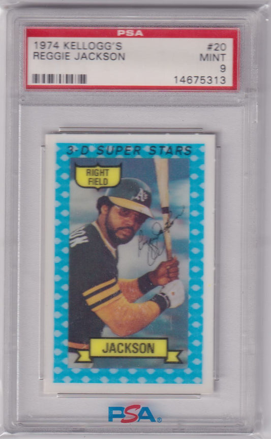 PSA-graded 1974 Kellogg’s 3-D Reggie Jackson baseball card, Athletics superstar in action