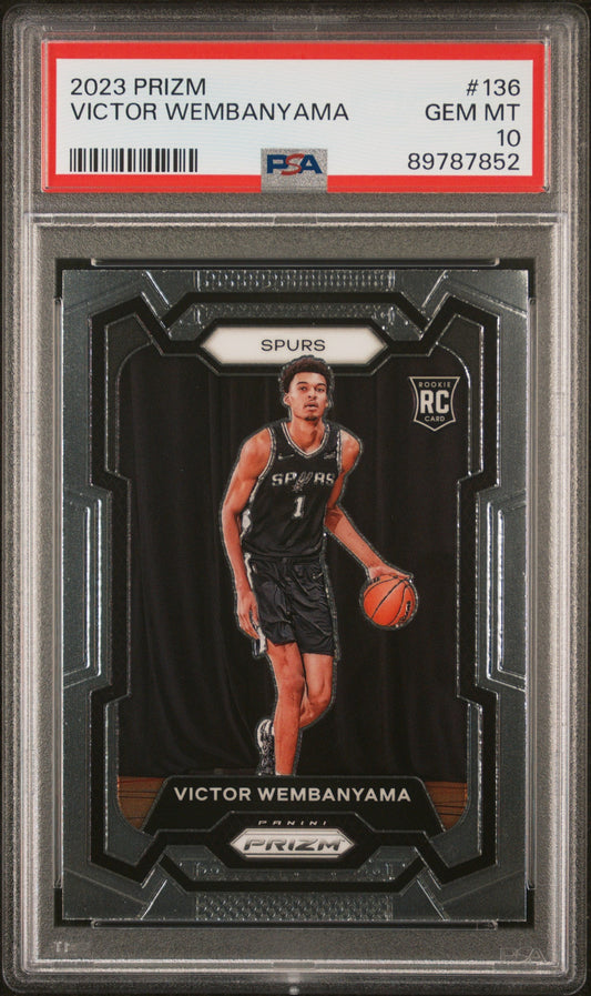 Victor Wembanyama 2023 Prizm #136 PSA 10 Gem Mint trading card with Brooklyn Nets player