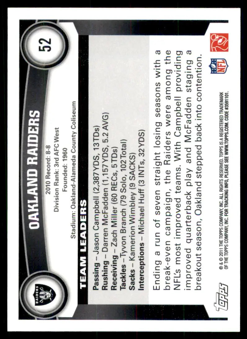 2011 Topps Oakland Raiders Team Oakland Raiders #52