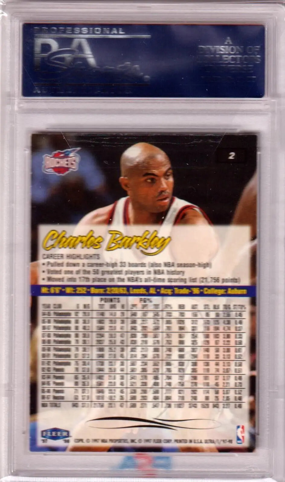 Basketball trading card in clear case featuring Charles Barkley 1997-98 Fleer Ultra PSA 10