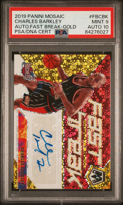 PSA-graded Charles Barkley 2019 Mosaic Fast Break Gold Auto card with red/gold design