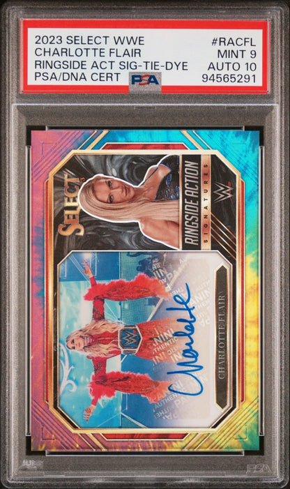 PSA-graded Charlotte Flair 2023 Select WWE Ringside Action Tie-Dye Auto with holographic design