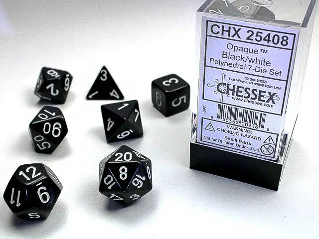 Chessex Opaque Black White Polyhedral 7 Die Set with black dice and white numbers