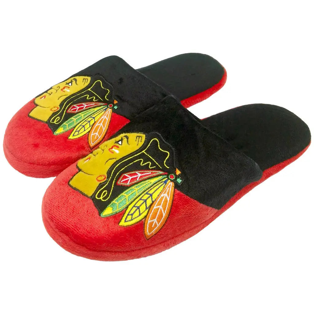 Chicago Blackhawks Men’s Colorblock Slide Slippers in shoe size featuring favorite team logo