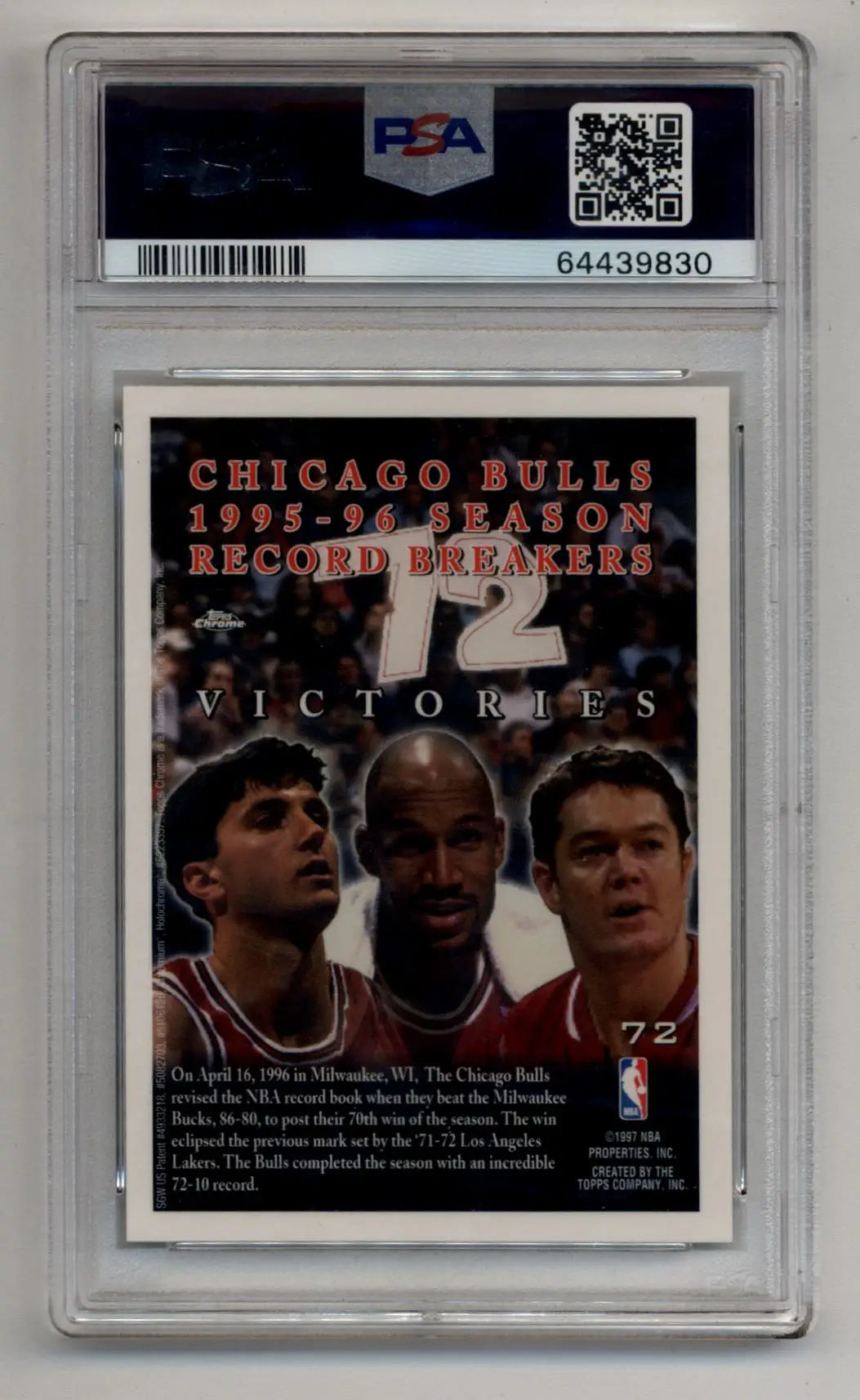 PSA-graded Chicago Bulls 1996-97 Topps Chrome 72 Wins Refractor card in Mint condition