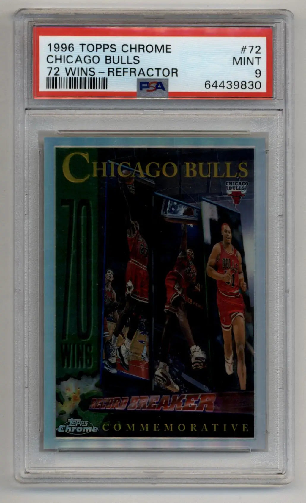 PSA graded 1996 Topps Chrome Wins Refractor Chicago Bulls basketball card in case