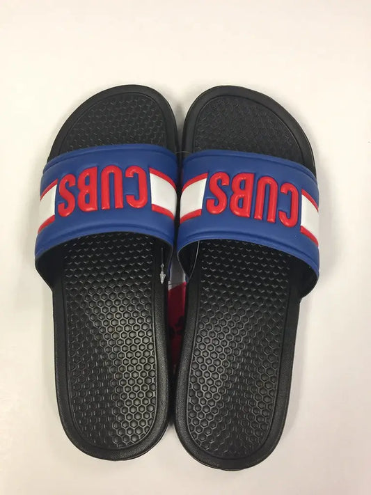 Black slide flip flop sandals featuring Royal Raised Chicago Cubs logo display