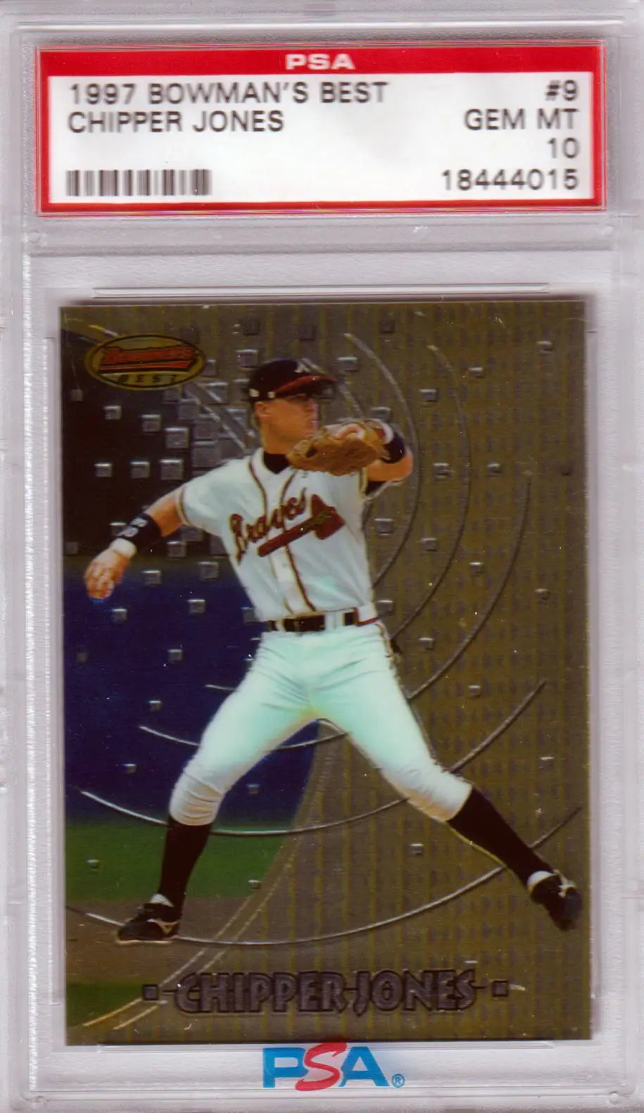 PSA-graded 1997 Bowman’s Best Chipper Jones baseball card in protective case at Columbia Hobby