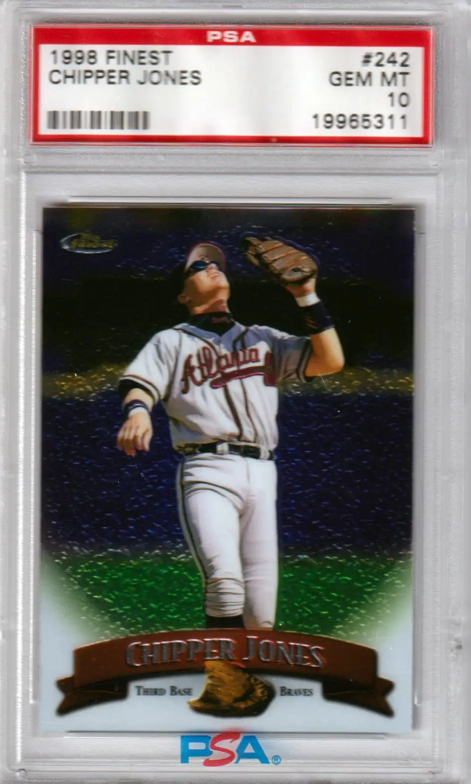 PSA-graded 1998 Finest Chipper Jones baseball card in protective case for Columbia Hobby