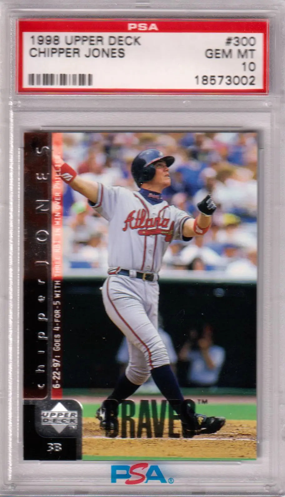 Graded 1998 Upper Deck Chipper Jones baseball card PSA 10 GEM MINT from Columbia Hobby