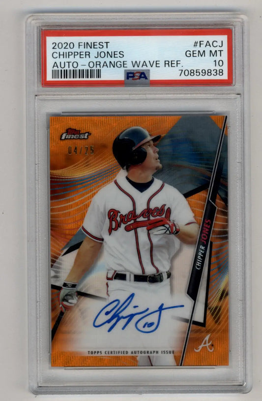 Chipper Jones 2020 Finest Orange Wave Refractor Auto 04/25 PSA 10 Gem Mint card