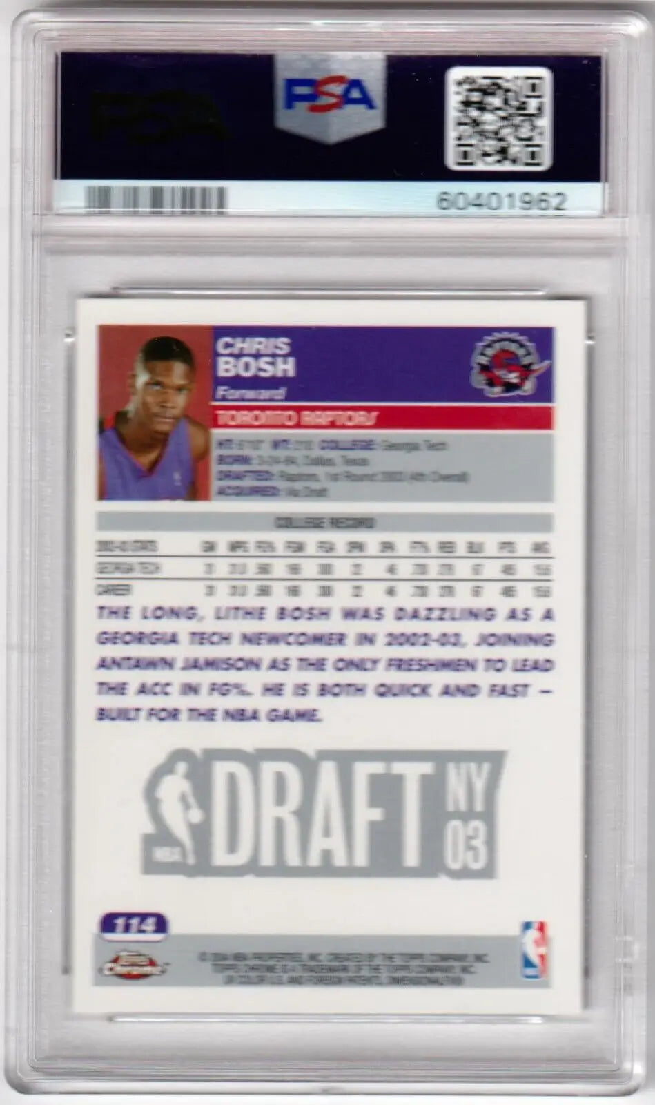 PSA-graded Chris Bosh 2003-04 Topps Chrome RC Rookie card in protective case, Columbia Hobby