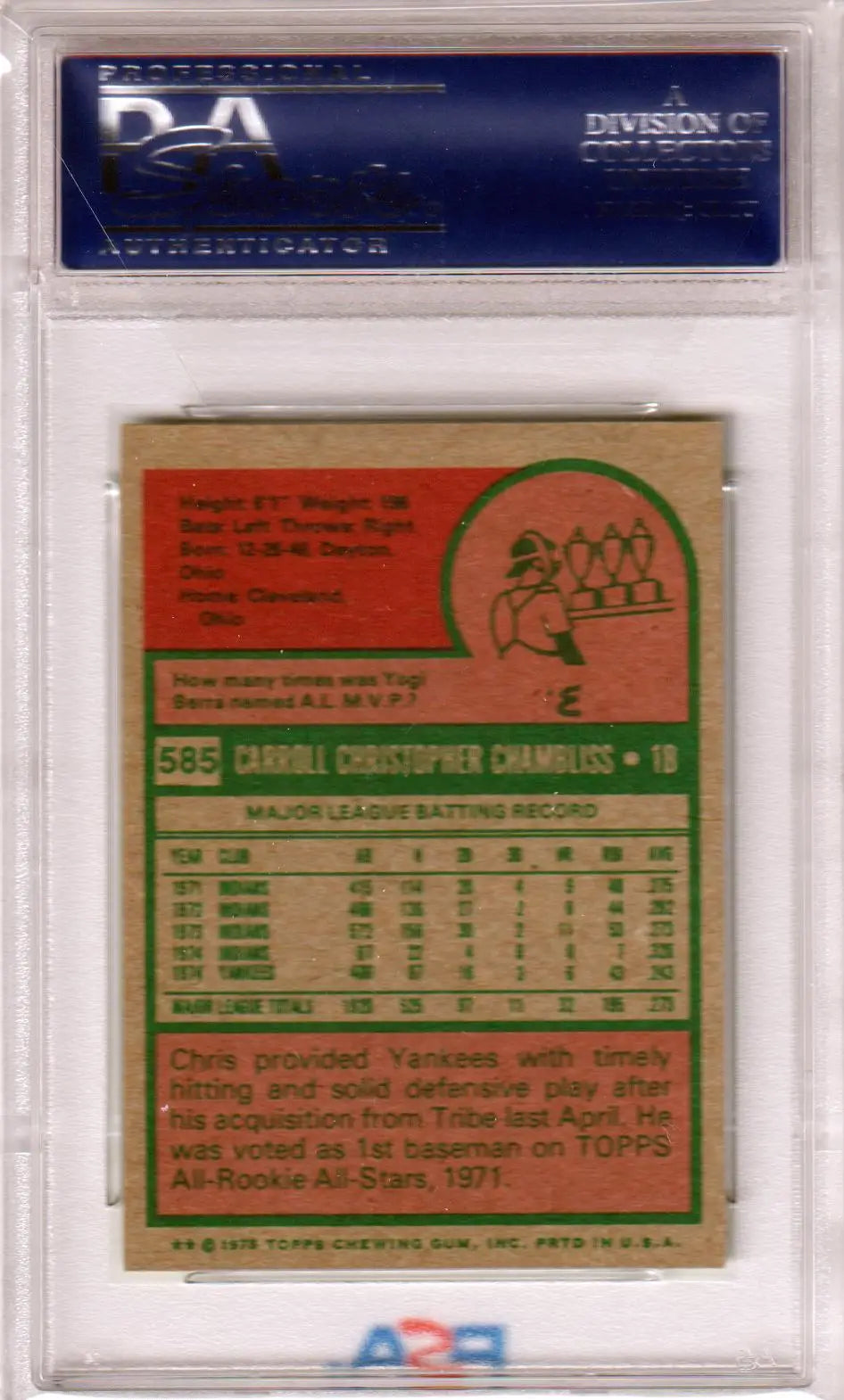 PSA-graded Chris Chambliss 1975 Topps Mini card with stats and bio from Columbia Hobby