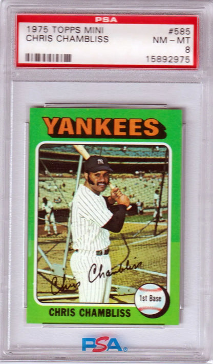 PSA 8 NM-MT Chris Chambliss 1975 Topps Mini Yankees card in pinstripes at bat