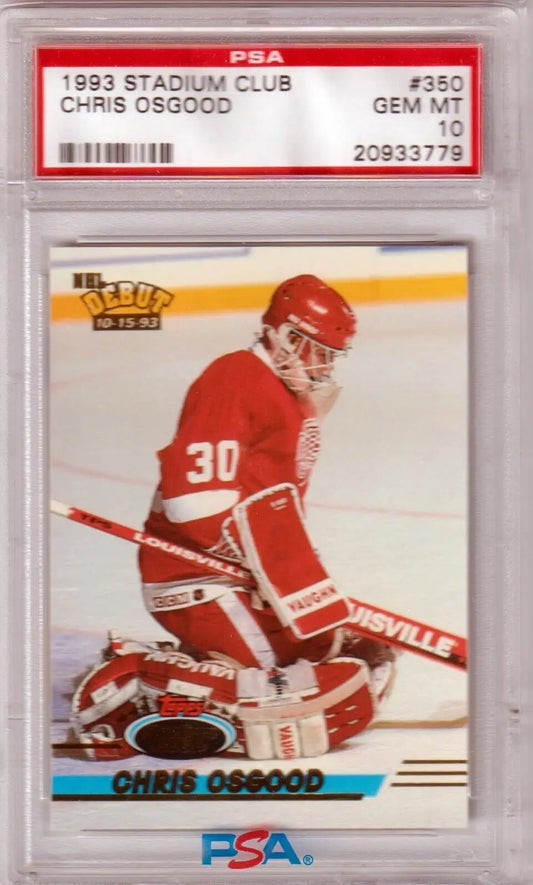 PSA-graded 1993 Stadium Club Hockey Card of Chris Osgood, Red Wings, Gem Mint, Box Free Shipping