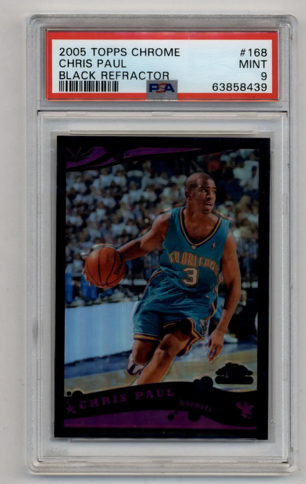 PSA-graded 2005 Topps Chrome Black Refractor basketball card of Chris Paul in case