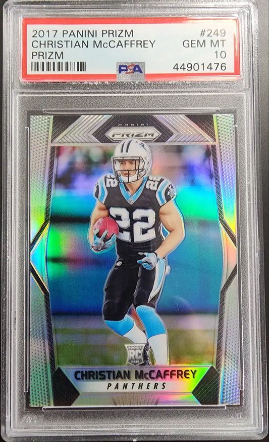 PSA-graded Christian McCaffrey 2017 Panini Prizm Rookie #249 silver parallel card