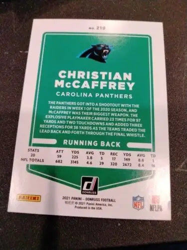 Christian McCaffrey 2021 Donruss Football Base Card #219 Carolina Panthers NFL