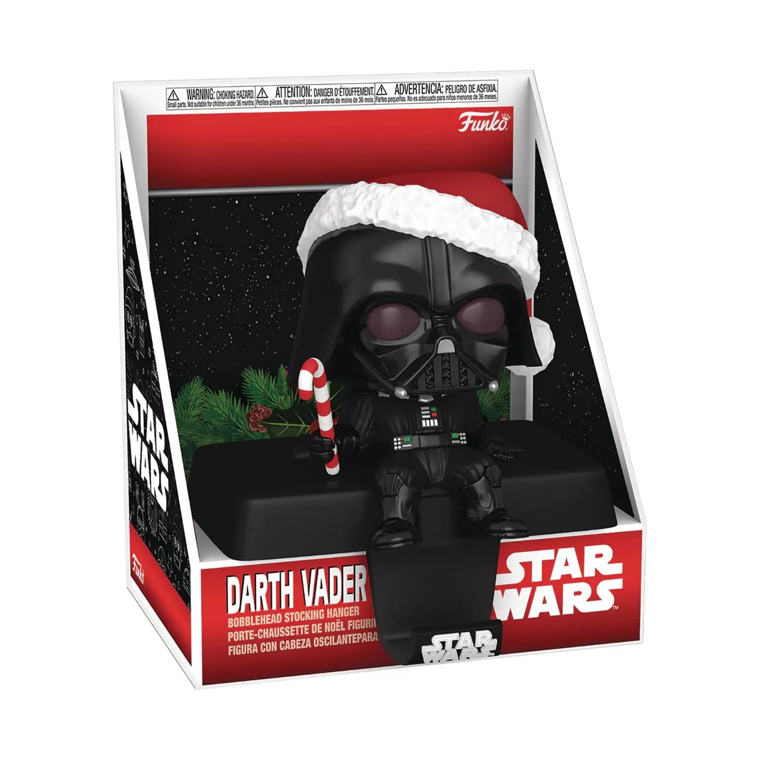 Funko Pop Christmas Edge Sitter of Darth Vader with Santa hat and candy cane, stocking hanger