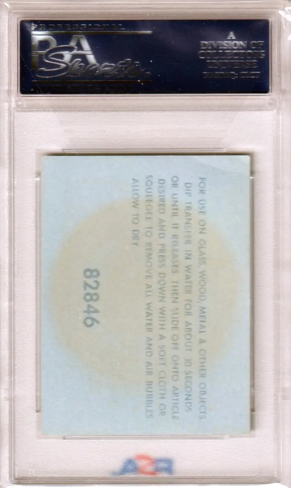 PSA graded card holder showcasing back of Cincinnati Reds 1960 Fleer Team Logo Decals card