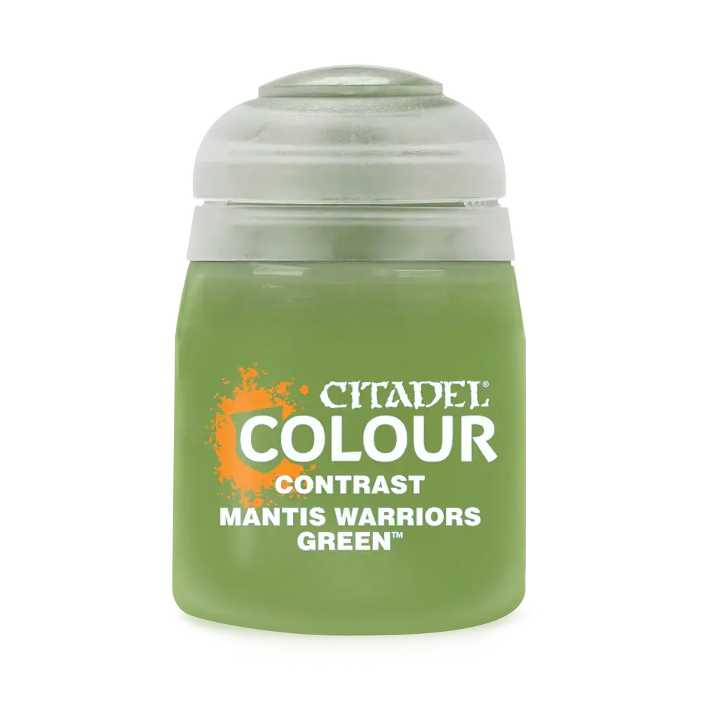 Green Citadel Contrast paint pot labeled Mantis Warriors Green for modeling and gaming