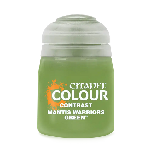 Green Citadel Contrast paint pot labeled Mantis Warriors Green for modeling and gaming