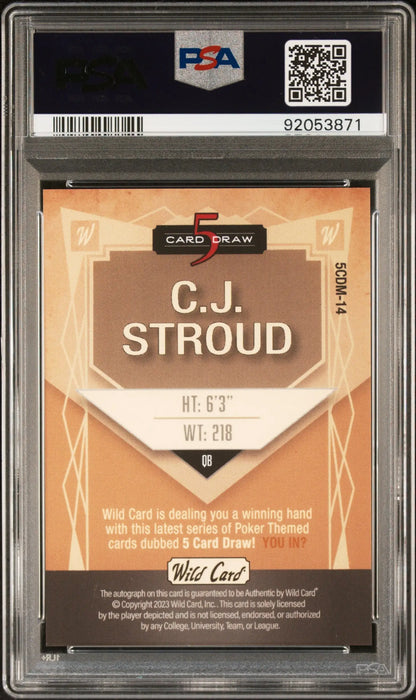 PSA-graded CJ Stroud 2022 Wild Card 5-Card Draw Auto #1/3 in Gem Mint condition