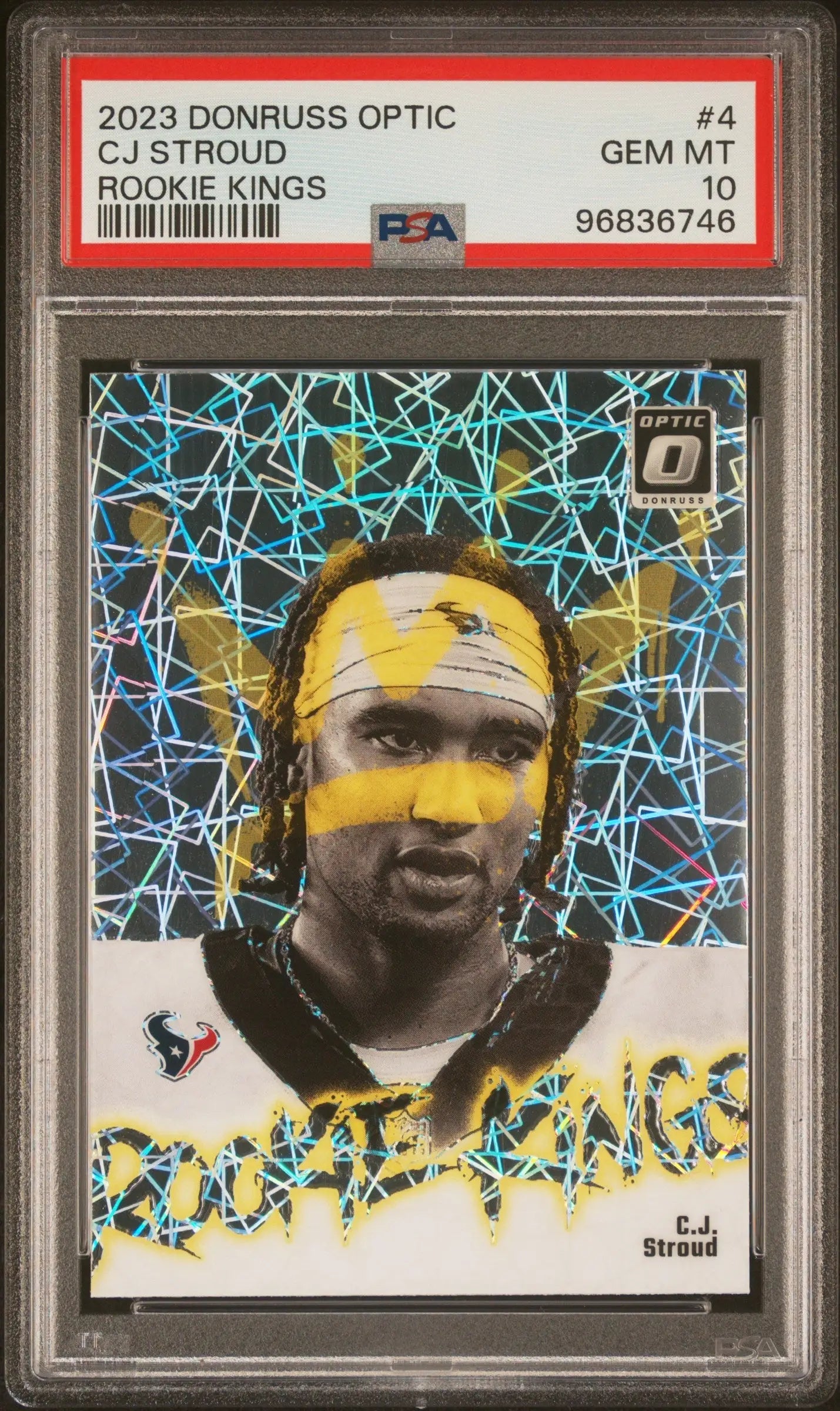 PSA 10 CJ Stroud 2023 Donruss Optic Rookie Kings football card with shattered glass design