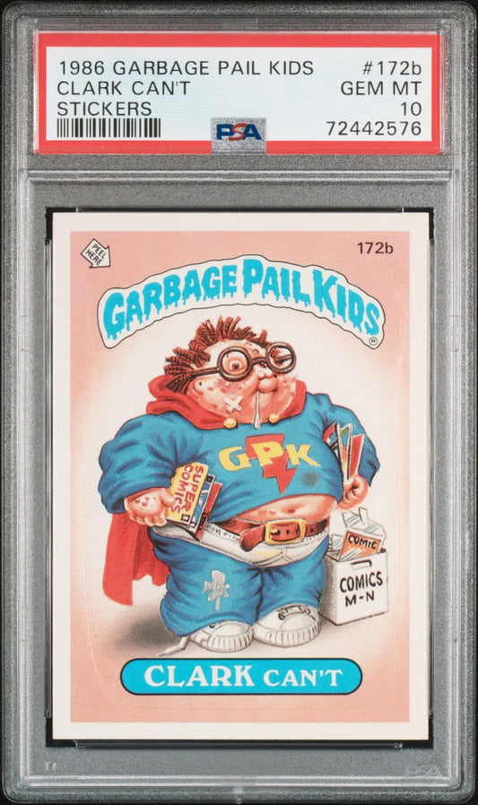 PSA-graded Topps Garbage Pail Kids card featuring Clark Can’t in superhero outfit