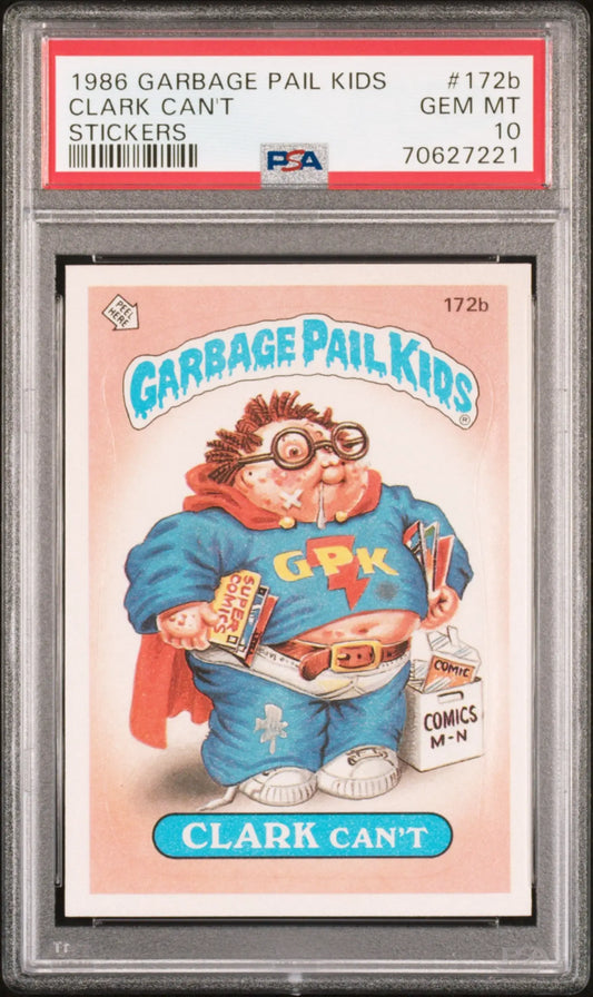 PSA-graded Clark Can’t 1986 Topps Garbage Pail Kids card in blue superhero outfit