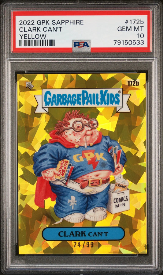 PSA-graded Clark Can’t Topps Garbage Pail Kids card on gold foil background