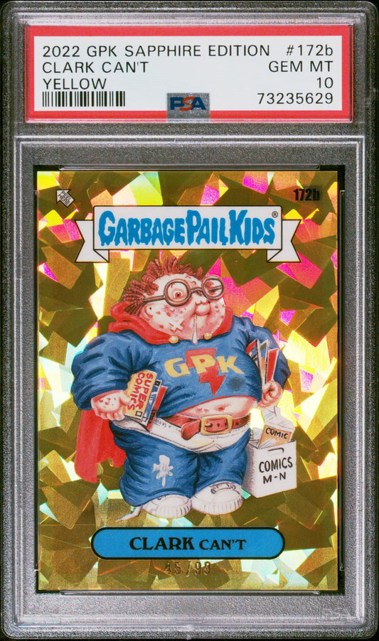 PSA-graded Topps Garbage Pail Kids Clark Can’t Sapphire card featuring a blue star design