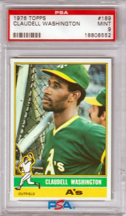 PSA-graded 1976 Topps Claudell Washington Athletics trading card in mint condition