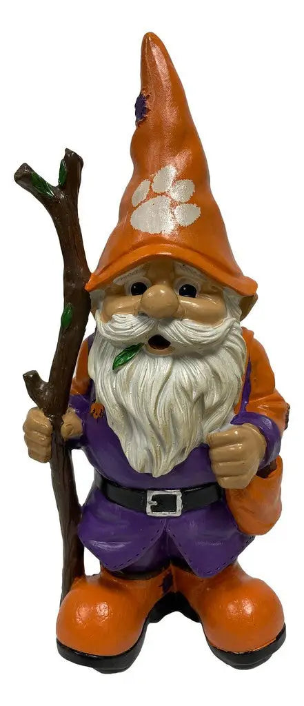 Clemson Tigers Garden Gnome holding stick with orange hat, approx 8 inches tall