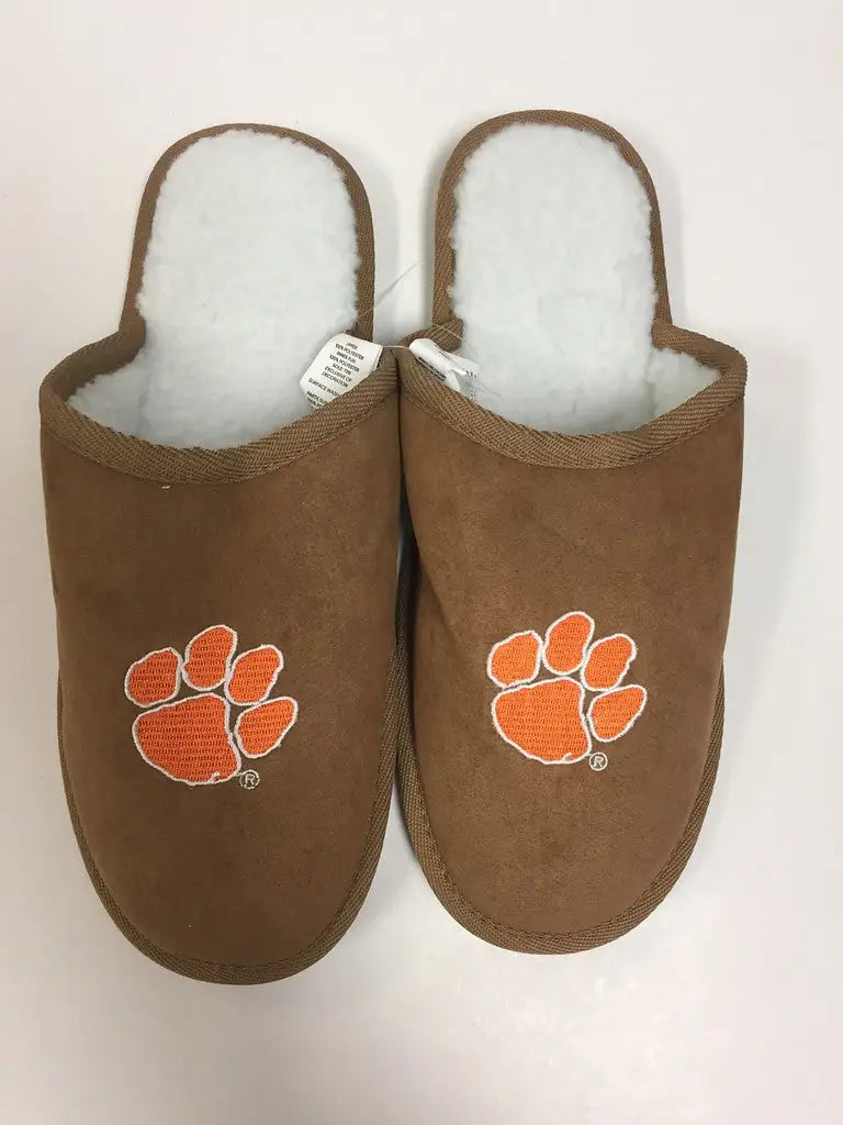 Brown slide slippers with orange paw print logos for Clemson Tigers in team color