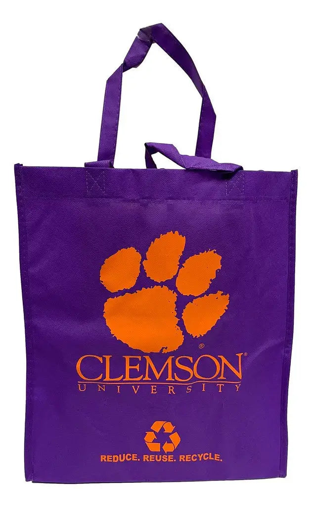 Purple reusable grocery tote bag made of non-woven polypropylene featuring Clemson Tigers printed logo