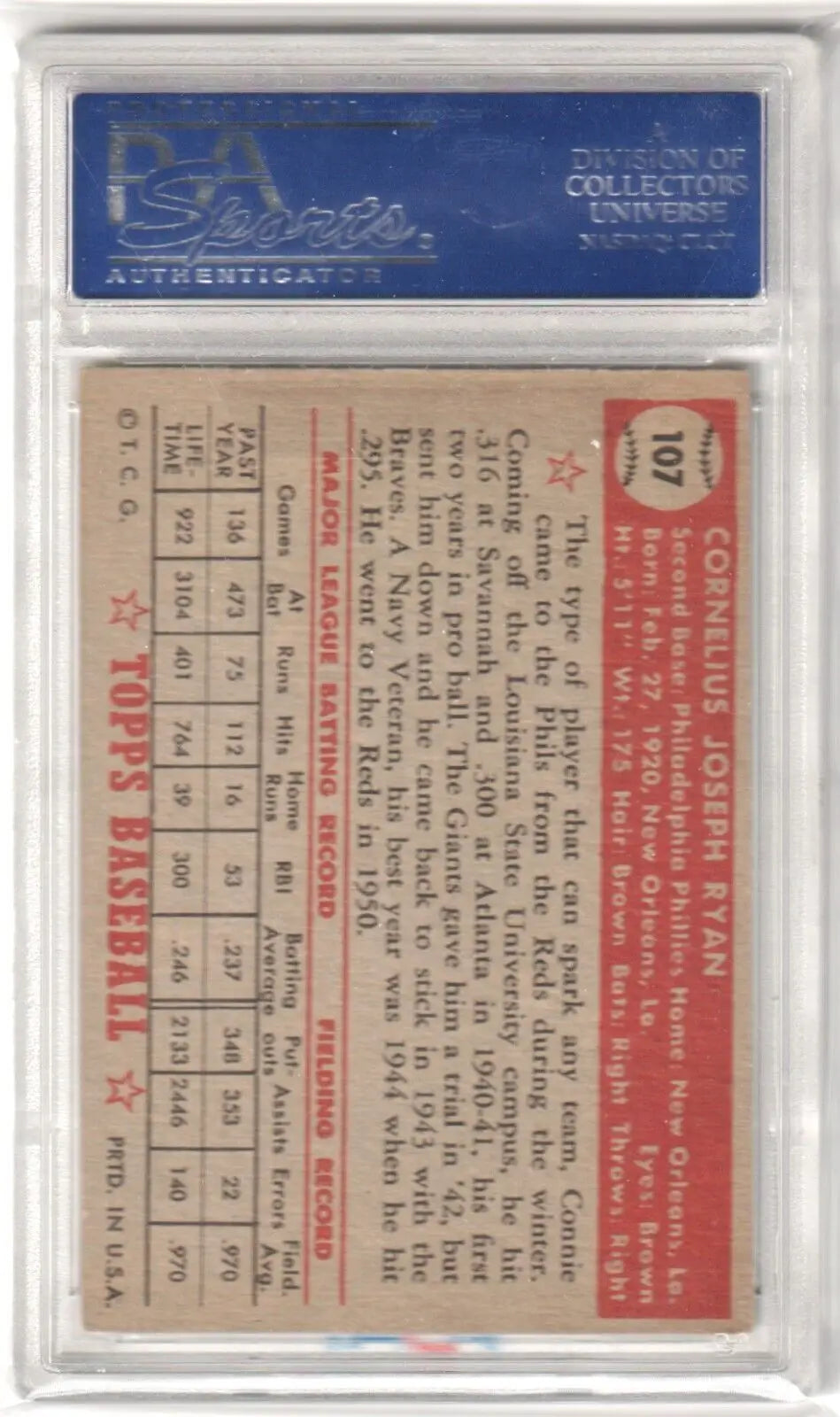 Baseball card of Connie Ryan 1952 Topps #107 in clear holder from Columbia Hobby