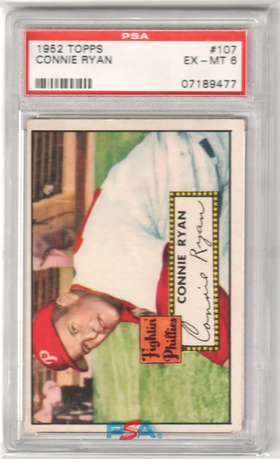 PSA-graded Connie Ryan 1952 Topps #107 baseball card in protective case from Columbia Hobby