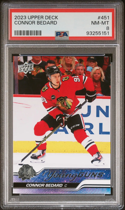 PSA-graded Connor Bedard 2023 Upper Deck hockey card featuring Chicago Blackhawks player