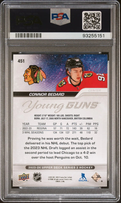 Hockey trading card of Connor Bedard in red Chicago Blackhawks jersey, Upper Deck collectible