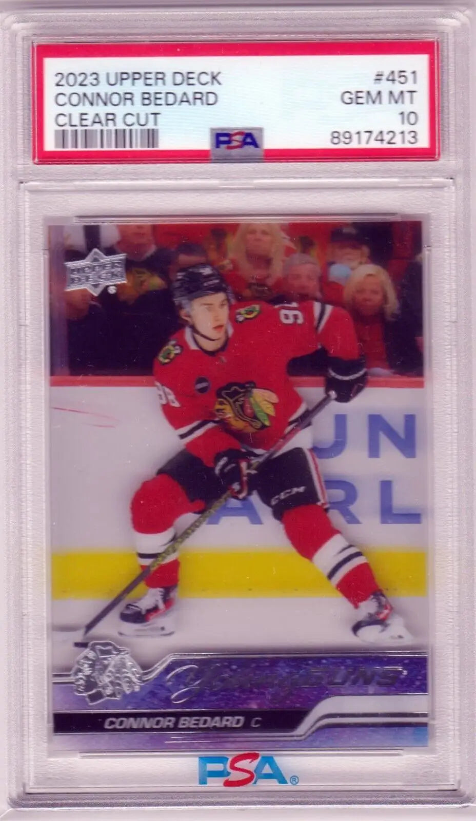 PSA 10 Gem Mint Connor Bedard 2023 Upper Deck Clear Cut Chicago Blackhawks single card