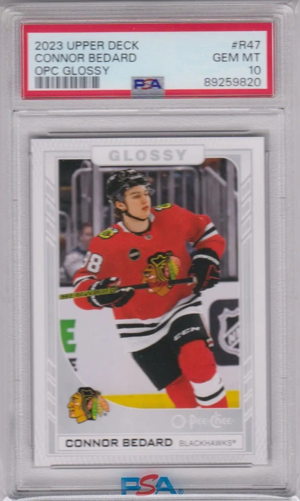 PSA-graded Connor Bedard hockey card in red Blackhawks jersey from Columbia Hobby eBay store