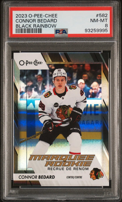 PSA-graded Connor Bedard 2019-20 O-Pee-Chee Black Rainbow trading card 14/100