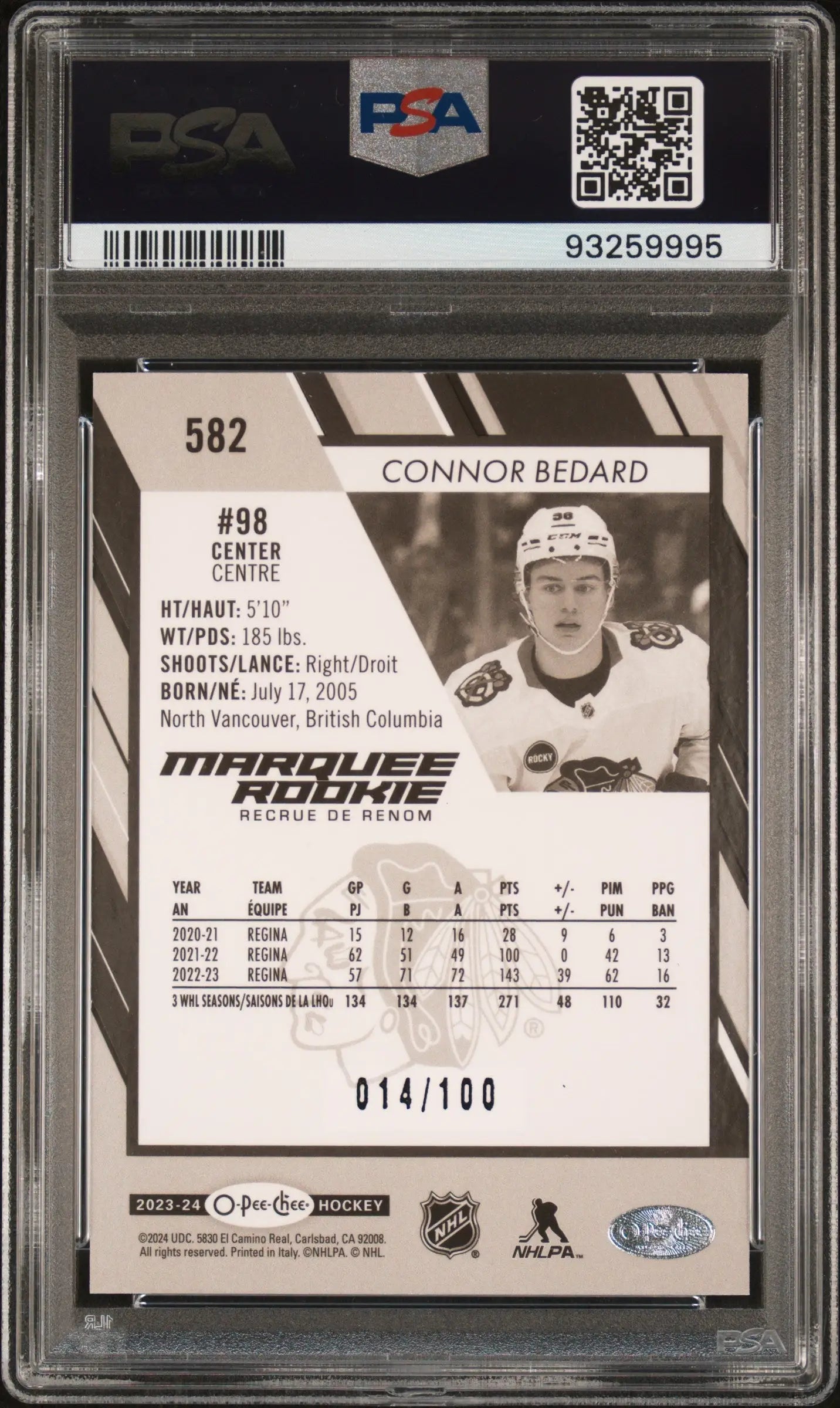 PSA-graded Connor Bedard 2023 O-Pee-Chee Black Rainbow rookie card in white jersey