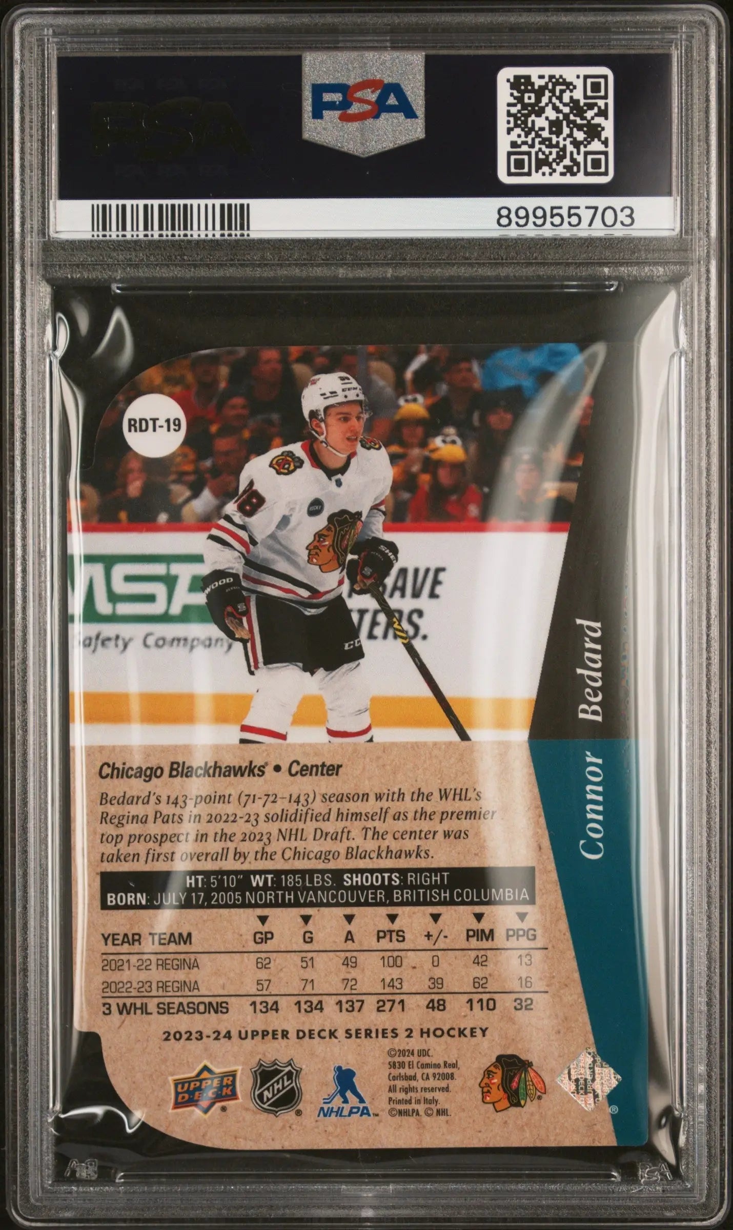 PSA 10 Gem Mint Connor Bedard Upper Deck hockey card featuring Chicago Blackhawks player