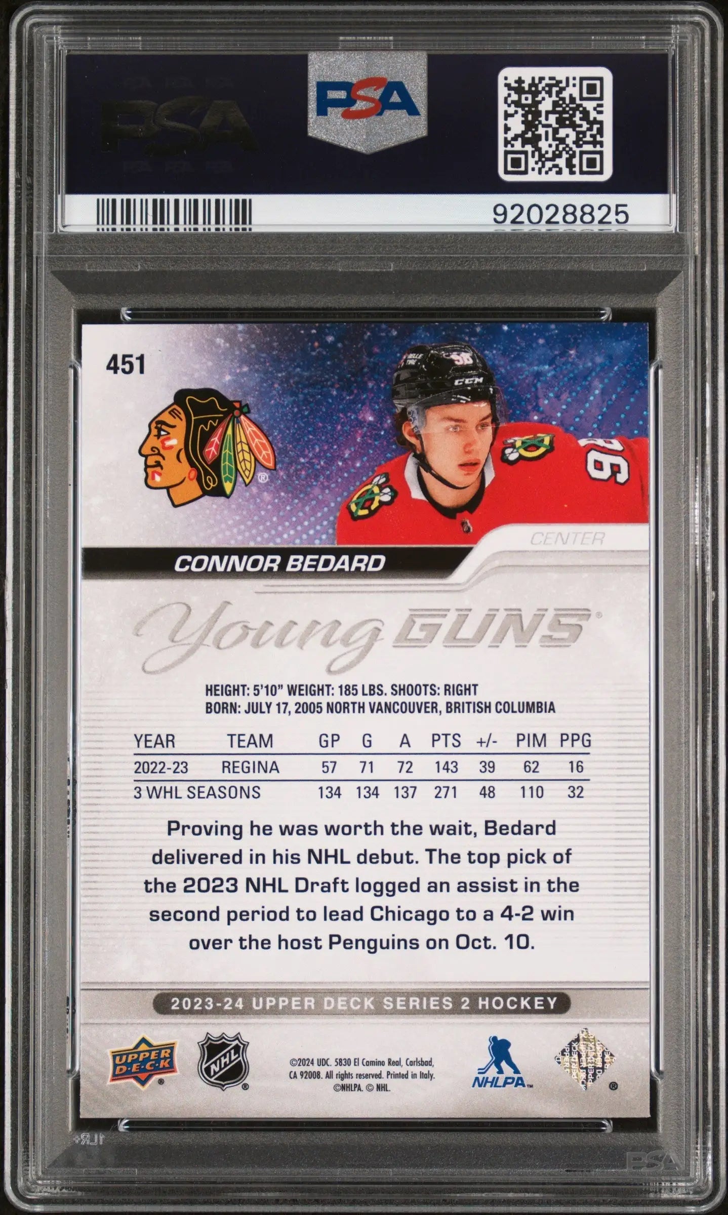 Connor Bedard 2023 Upper Deck trading card featuring Chicago Blackhawks player 91