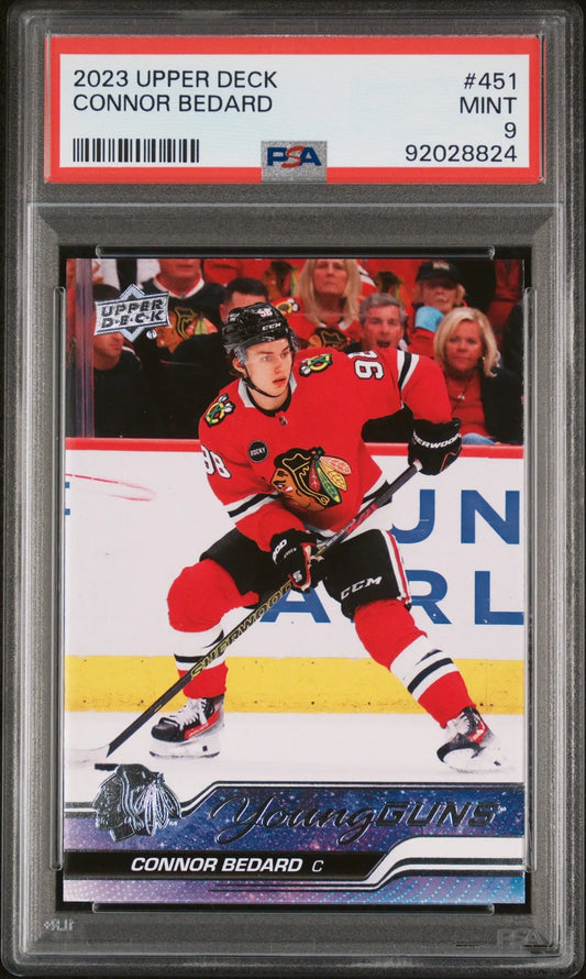 Connor Bedard 2023 Upper Deck #451 PSA 9 Mint trading card of Chicago Blackhawks player