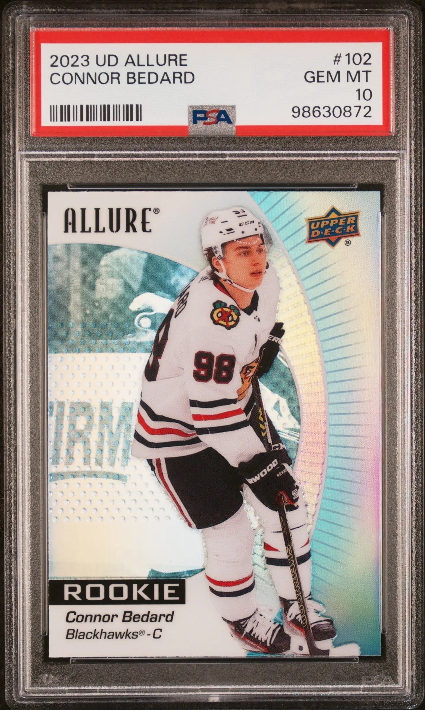 PSA-graded Connor Bedard 2023 Upper Deck Allure Rookie card in protective case