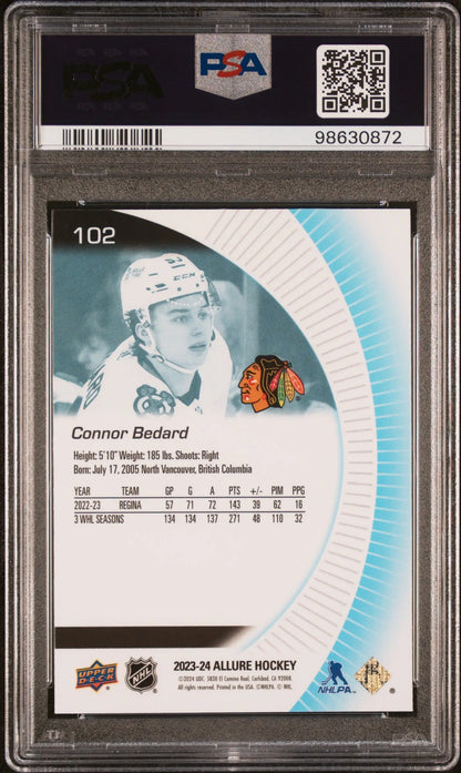 PSA 10 Gem Mint Connor Bedard Upper Deck Allure Rookie card of Chicago Blackhawks player